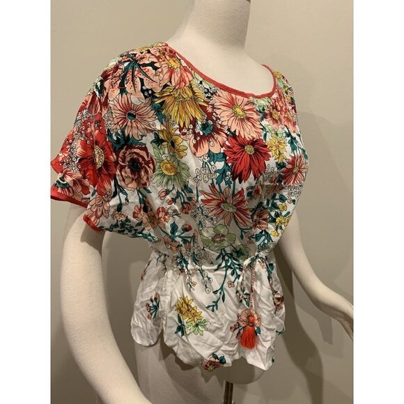 Anthropologie Floral Drawstring Tassel Waist Short Sleeve Top Blouse Floral XS - Picture 3 of 9